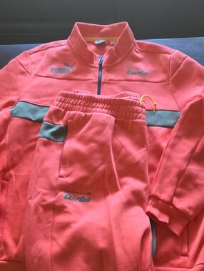 Puma Coral Peach Track Jacket and Joggers Set with Gray Accents